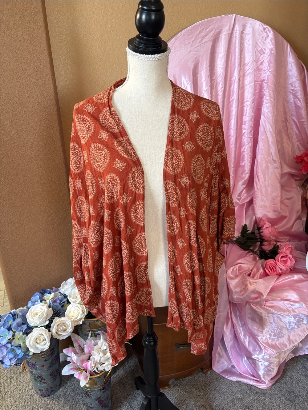 Forever 21 Rust Orange Patterned Drape Cardigan